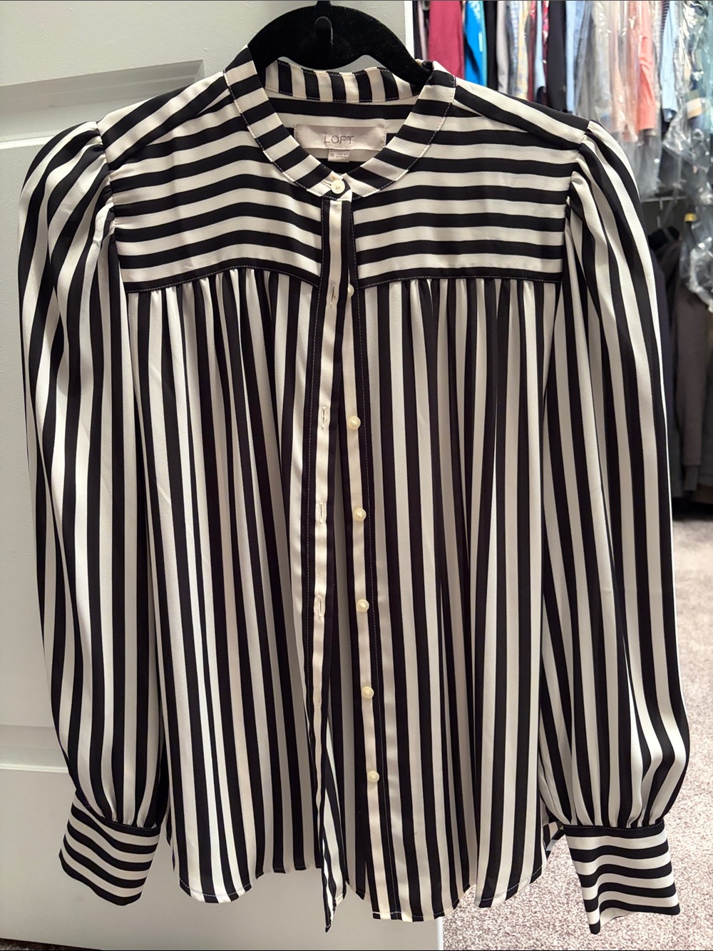 LOFT Black and White Striped Button-Front Blouse